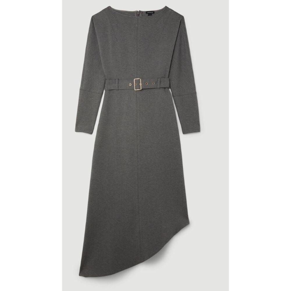 Karen Millen Waterfall Hem Belted Charcoal Maxi Dress NWT L